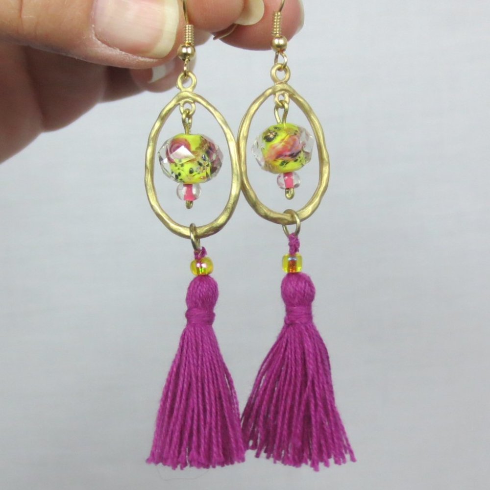 Handcrafted Pierced Earrings Fuchsia Yellow Gold Boho Statement Dangle 3.5 inch
